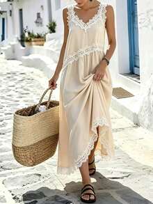 Breezaya Women's Elegant French-Style Beige White Lace Camisole Summer Dress,V-Neck Waist Splicing Satin Glossy Fabric,Tea Party Holiday Vacation Gown - Apricot - View 4