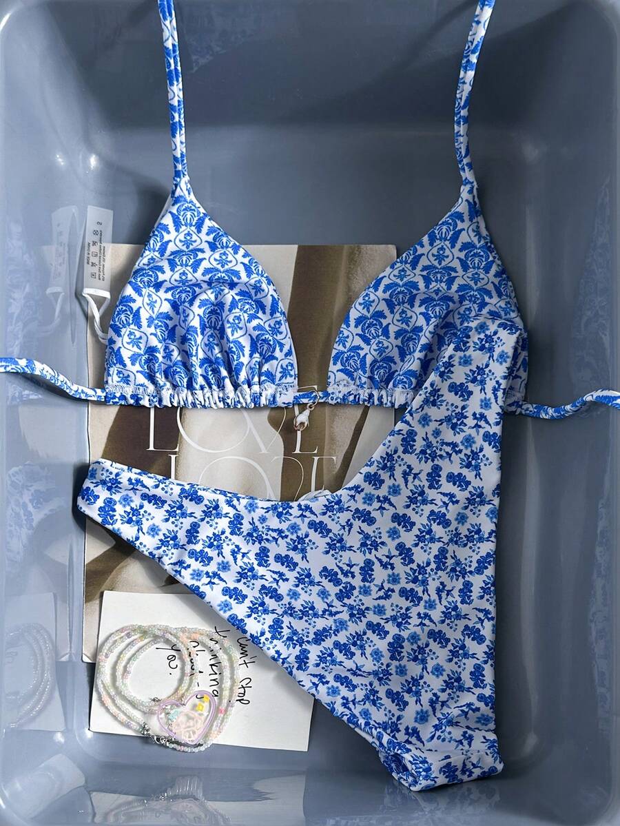Swim Mod مجموعة بكيني بنقشة زهور صغيرة زرقاء، عطلة شاطئية - متعدد الألوان - مشاهدة 1