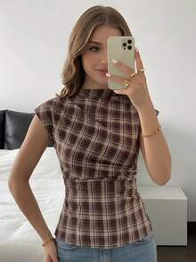 少女褶皱领衬衫，优雅的办公服饰，百搭时尚单品，适合工作、休闲外出、派对等场合，棕色格子图案格纹衬衫，女士背心，无袖上衣，格子上衣 - 棕色 - 查看 2