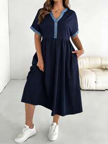 SHEIN Essnce Đầm cỡ lớn kiểu hải quân màu xanh lam phối nhiều mảnh, cổ chữ V, eo thắt. - Nhiều màu - Xem 2