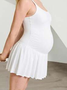 GLOWMODE Maternity Sporty Knit Seamless Sweat-Wicking Sun-Protective Removable Cups Adjustable Straps Pleated Tennis Dress With Built-In Shorts Daily Casual Wear - White - View 8