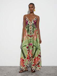 Maija Women's Vacation Silk Scarf Design Asymmetric Hem Spaghetti Strap Dress,Summer Dresses For Women One Piece Dress Summer Long Resort Dresses For Women Latest Dress - Multicolor - View 3