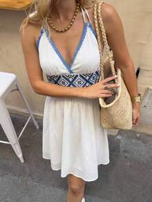 SHEIN Frenchy Women's Summer Casual Geometric Webbing Halter Mini Dress, Dresses For Women, Dress For Woman, Beach Holiday Vacation Outfit For Women Dress, Zanea Dress For Woman, Yisikado Dress Sun Dresses For Women Boho Holiday White And Blue - Baby Blue - View 4