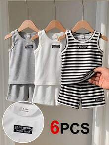 SHEIN Playful Pals Bộ quần áo mùa hè 6 món cho bé trai, gồm 3 màu: đen, trắng, áo vest kẻ sọc và quần short, thoải mái, giản dị, đa năng, phù hợp mặc hàng ngày. - màu đen - Xem 1