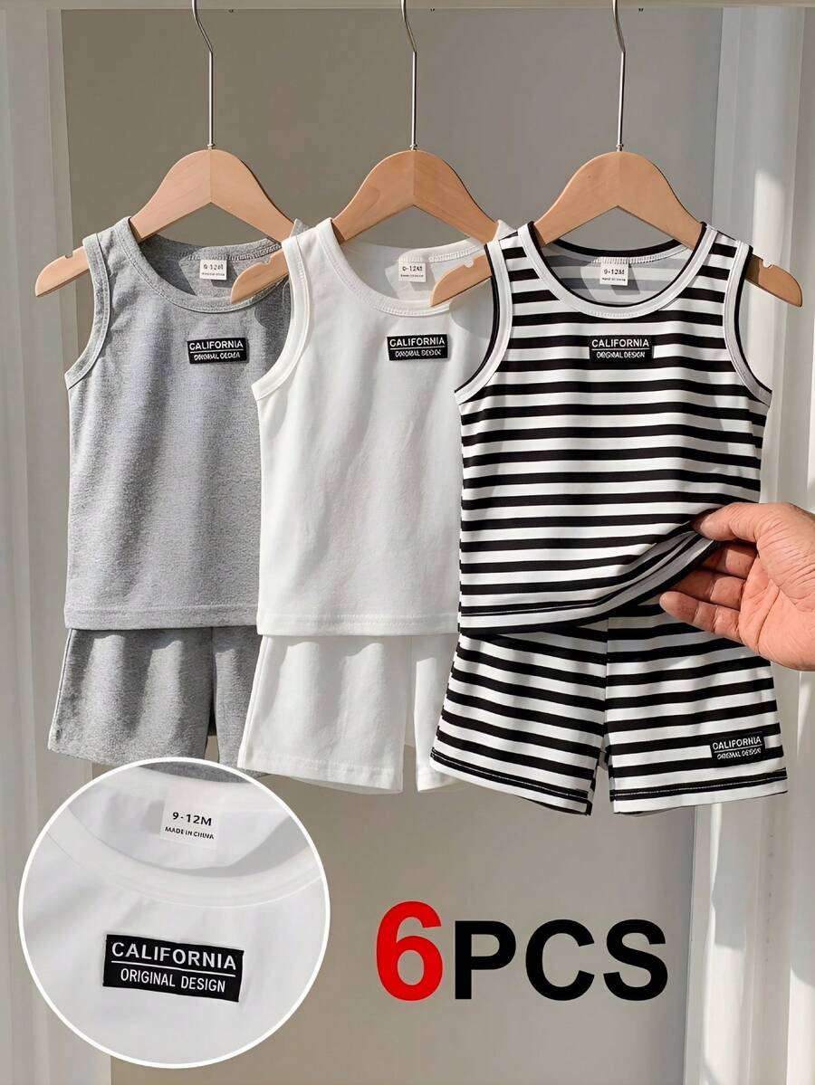 SHEIN Playful Pals Bộ quần áo mùa hè 6 món cho bé trai, gồm 3 màu: đen, trắng, áo vest kẻ sọc và quần short, thoải mái, giản dị, đa năng, phù hợp mặc hàng ngày. - màu đen - Xem 1