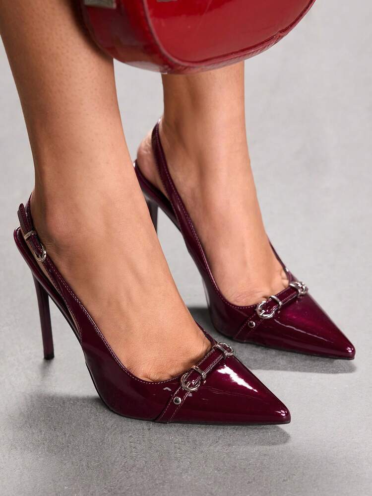 CUCCOO SZL Women's Wine Red Fashion Pumps Burgundy High Heels Thin Heel With Buckle Decor Spring Shoes