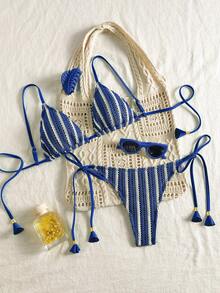 SHEIN Swim Mod 2pcs Women's Summer Vacation/Beach Outfit Hollow Texture Striped Tie Bikini Set, Suitable For St. Patrick's Day - Blue - View 3