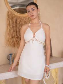 Andrea Bello Spring/Summer New Casual Vacation Western Beach Wedding Guest Attire Graduation Brunch Dress, St. Patrick's Day Spring Break Easter Music Festival Elegant Boho Tropical Backless Textured Knit Metal Decor A-Line Spaghetti Strap Mini Dress For Women,White Dresses For Women Party - White - View 6