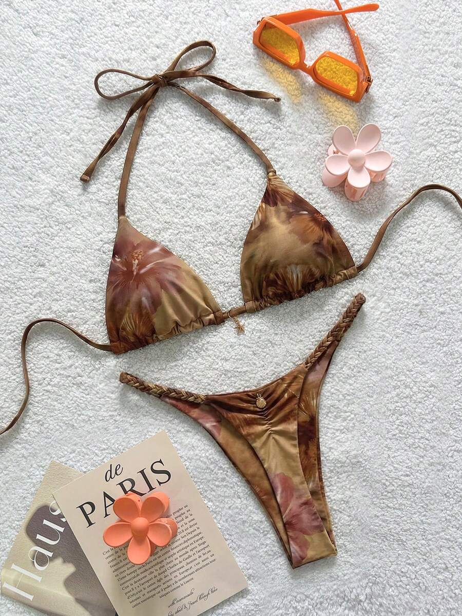 Soleia Women's All-Over Print Halter Twist Front Bikini Set Summer Beach Vacation Bathing Suit - Brown - View 1