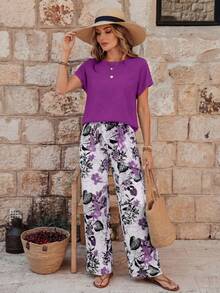 Faunlyn 两件套女士休闲圆领上衣和宽松长裤，百搭套装，适合春秋季穿着 - 紫色 - 查看 3