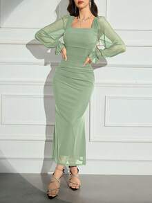 Modelyn Women's Solid Color Mesh Contrast Long Sleeve Casual Dress Long Evening Dresses - Green - View 7