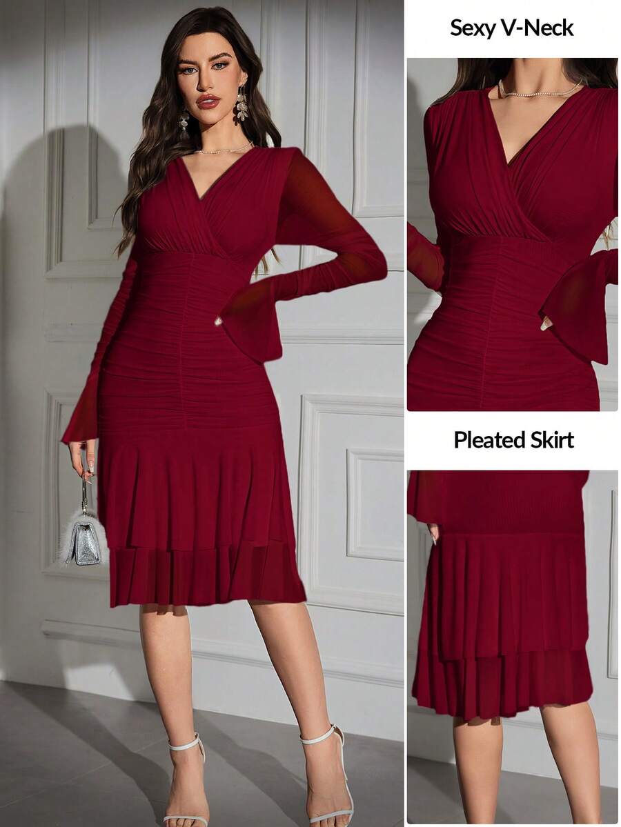 Modelyn Women V-Neck Wrapped Ruched Elegant Long Sleeve Dress Long Evening Dresses