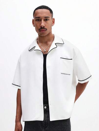 SUMWON Boxy Fit Contrast Piped Revere Collar Short Sleeve Button Up Summer Resort Casual Loose White Shirt With Black Trim Details
