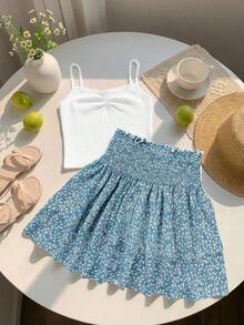 SHEIN 2件套少女休闲舒适吊带背心和碎花裙套装 - 藍白色 - 查看 5