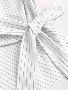 Sweetra Spring/Summer Striped Asymmetrical Shoulder Tie-Waist Elegant Slim Fit Blouse For Women, Gray - White - View 6