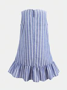 SHEIN 青少年女孩休閒日常百搭舒適圓領無袖條紋洋裝 - 藍色 - 查看 2