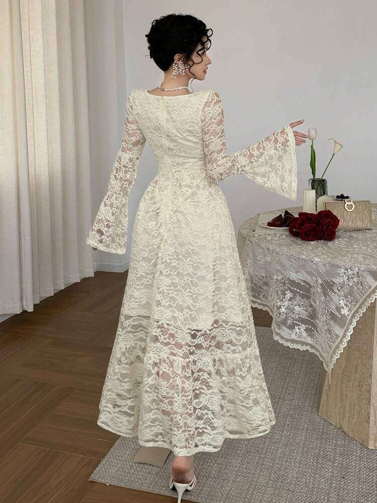 Casual Elegant Waist Cinched White Lace Dress, Suitable For Spring & Summer