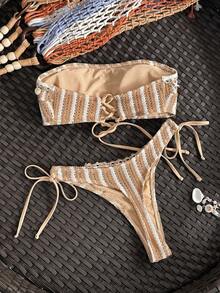 Swim Vcay Women's Elegant Vacation Beach Swimsuit Set, Halter Backless Criss-Cross Tie, Shell Tassel Texture Net Fabric, Spring/Summer/Autumn Bikini Set For Women Crochet Bikini Striped Bikini Set - Khaki - View 7