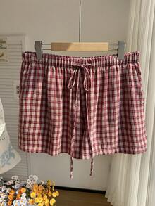 Comfortcana Plus Size Casual Loose Drawstring Solid Color Comfortable Shorts, Spring/Summer - Burgundy - View 6