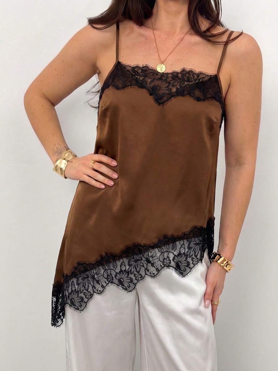 Rustia Plus Size Elegant Sexy Lace Trim Sheer Satin Asymmetric Hem Camisole Top, Vintage Style For Vacation, Date, Party - Brown - View 1