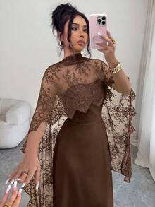 Elenzga Autumn/Winter New Solid Color Sexy Lace Patchwork Halter A-Line Maxi Dress, Ruffle Hem, Front Center Fish Bone Line Divider, Halter Long Trailing, Suitable For Party, Halloween, Christmas, Holiday Events, Dates - Brown - View 1