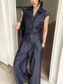 DAZY Women's Casual Commuting Golf Solid Color Flap Pocket Cuffed Sleeve Shirt And Wide Leg Pants 2 Pieces Set, Spring/Summer Lounge Sets For Women Pastal - Navy Blue - View 4