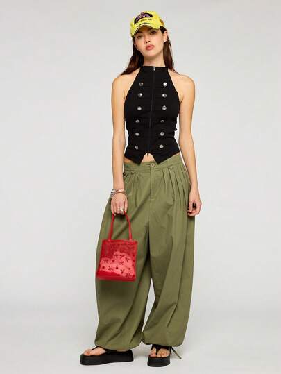 COUREZ Halter Neck Drummer Denim Top In Dark Wash /Y2K Summer Outfits For Women Black Tops Sleeveless Tops Denim Tops Going Out Outfits Party Outfits Festival Tops Festival Outfits Summer Tops Spring Outfits For Women