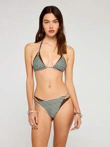 COUREZ Double Layer Halter Triangle Bikini Top In Stripe,Brown,Summer,Casual,Beach,Vacation,Holiday Y2K Spring Outfits Women Swimsuits Beach Sets Clothes - Multicolor - View 2