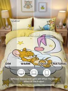TOM & JERRY X SHEIN Bộ 3 món ga trải giường in hình ngôi sao vàng (1 ga trải giường + 2 vỏ gối không kèm ruột), họa tiết chuột, chất liệu microfiber, mềm mại và ấm áp, nhiều kích cỡ, phù hợp cho giường đơn/giường đôi/giường cỡ Queen/giường cỡ King, bộ đồ giường phong cách retro, trang trí dễ thương. - Màu vàng - Xem 7