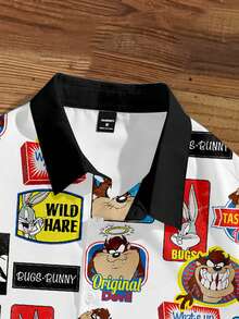 LOONEY TUNES X SHEIN Manfinity Joysei Áo sơ mi nam tay ngắn dáng lửng, in họa tiết toàn thân, cài cúc phía trước. - Nhiều màu - Xem 3