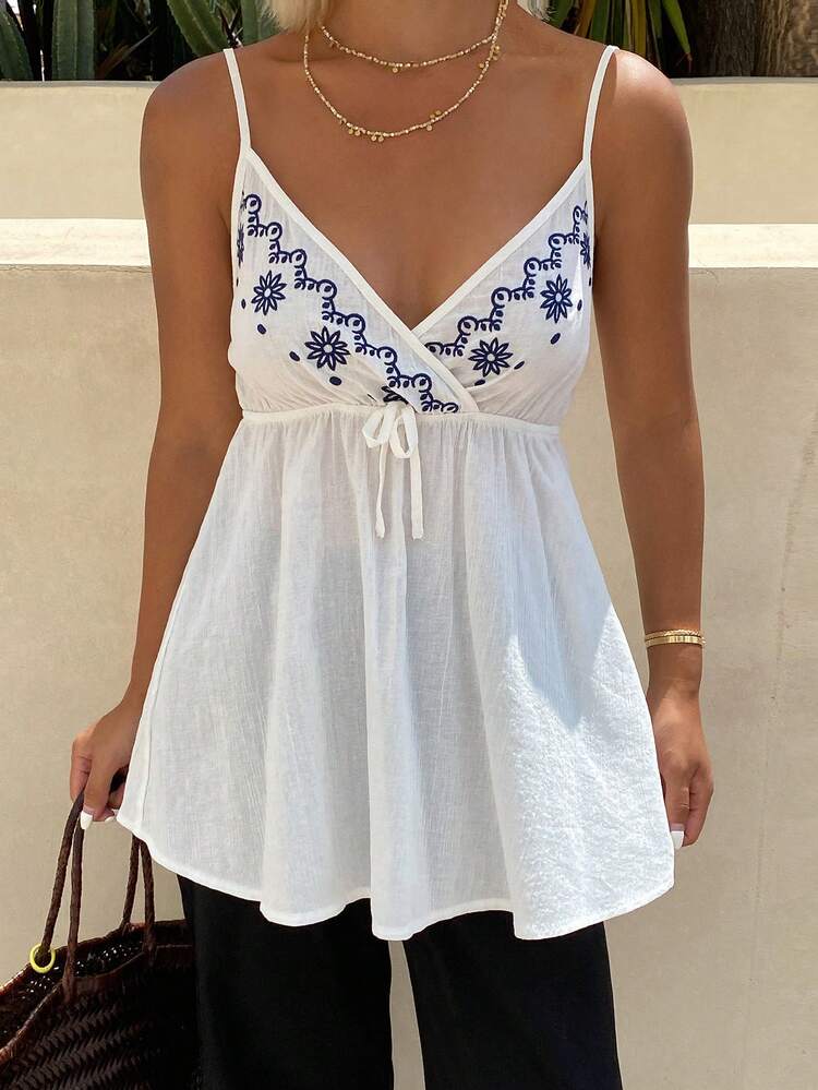 Floral Embroidery Cinched Waist Casual Vacation Summer Tank Top For Women Boho