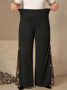 SHEIN PETITE CURVE CURVE 大尺碼女款小個子黑色優雅高腰寬腿褲，蕾絲透視拼接側開衩，秋季辦公儀式派對休閒褲 - 黑色 - 查看 7