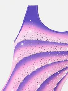 SHEIN 少女扎染渐变粉色连体衣，贴身高弹力舞蹈芭蕾舞紧身衣，镶钻闪亮无袖背心，优雅运动服 - 紫色 - 查看 3