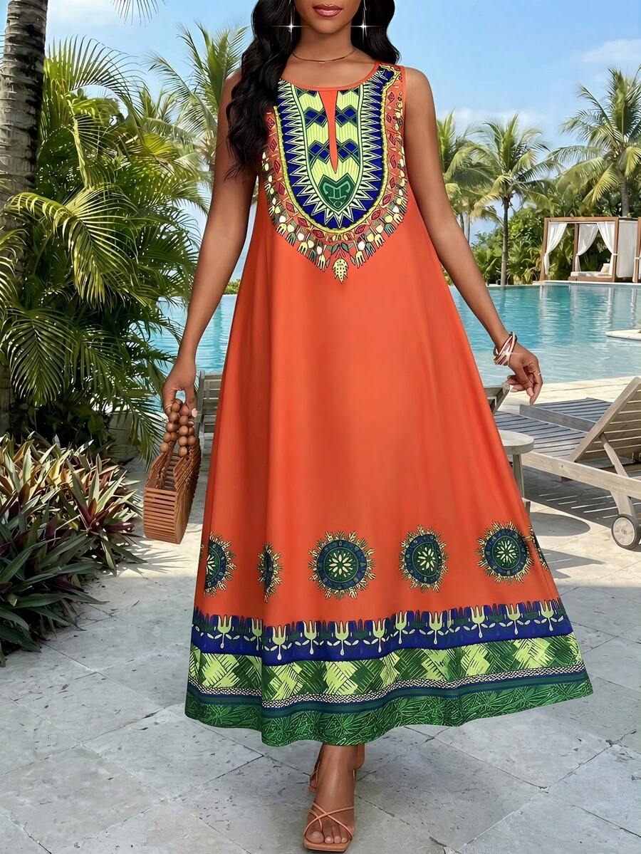 SHEIN Lady Women's Floral Print Round Neck Sleeveless Casual Loose Mid-Length Dress Women's Summer Dresses,Summer Dresses For Women - Multicolor - View 1