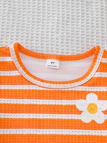 Elladie kids Set de 2 piezas de camiseta informal de moda para niña, con parte superior de manga corta de tela de punto con estampado floral y rayas naranjas, combinada con pantalones acampanados de tela de punto con estampado digital naranja sólido, casual y cómodo, adecuado para uso diario, escuela, salidas, fiestas, primavera y verano - Naranja - Ver 4