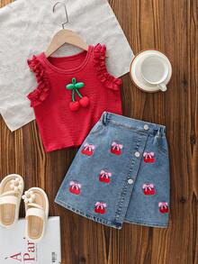 SHEIN Playful Pals 两件套女童优雅休闲圆领荷叶袖无袖樱桃印花上衣+刺绣樱桃牛奶裙，适合日常、通勤、休闲、度假、夏季穿着 - 彩色 - 查看 4