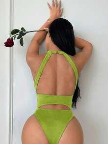 SHEIN SXY Women's Sexy Vacation Style Solid Color Hollow Out Neck Halter Bodysuit - Green - View 3
