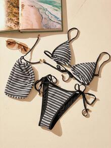 Aralina Conjunto de bikini con tiras y textura de vacaciones - Blanco y Negro - Ver 5