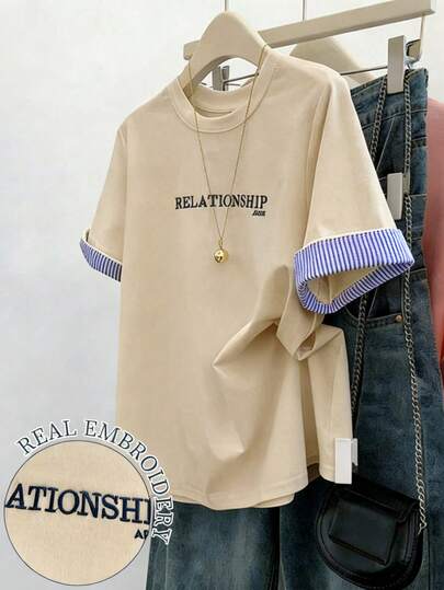 Resyla Áo thun nữ kiểu dáng thường ngày, thêu họa tiết quả mơ