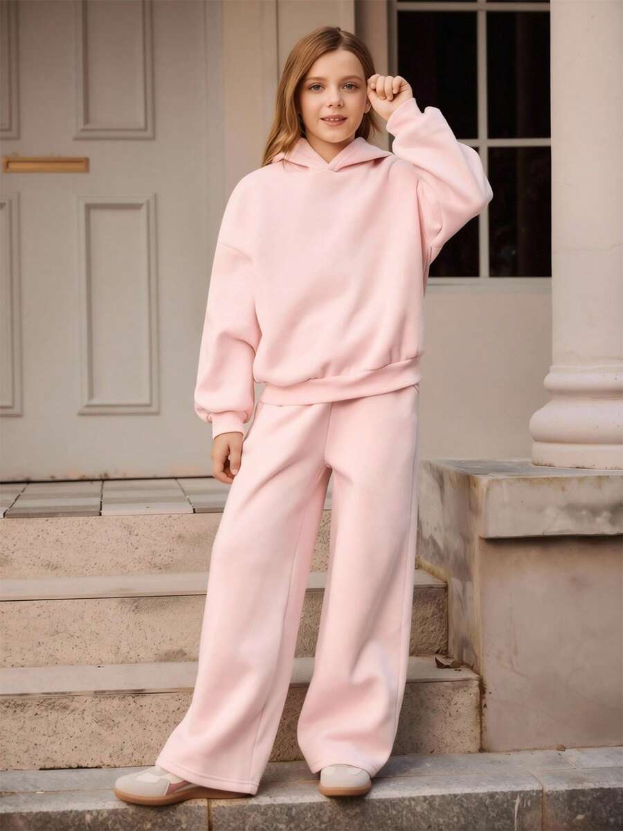 SHEIN Tween Girl Pink Sweatshirt Set, Long Sleeve Hoodie And Loose Casual Sweatpants Set, Autumn/Winter - Pink - View 1