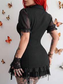 Whyspr Áo kiểu nữ phong cách Punk màu đen in họa tiết chấm bi rỗng - màu đen - Xem 2