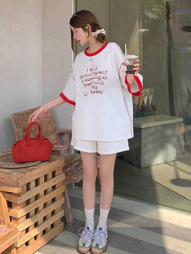 2pcs/Set Women Loose Letter Print Short Sleeve Shorts Pajama Set, Summer