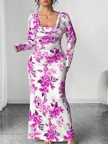 Celure Gaun Pendek Ketat Berkerah Ruffle Baru untuk Wanita Ukuran Plus dengan Motif Bunga Kecil dan Ikat Pinggang - Purple - View 4