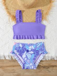 SHEIN Bộ bikini dành cho bé gái tuổi teen, gồm áo hai dây màu trơn có viền bèo nhún và quần bikini tam giác in hoa. - Màu tím - Xem 5