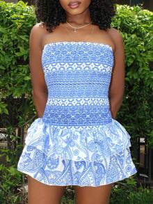 Steph T Vacation Casual Print Bandeau Dress - Blue and White - View 3