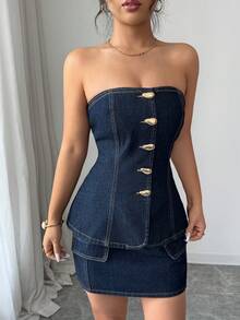 Elenzga Unique Retro Design Cropped One-Piece Halter Top, Suitable For Summer - Dark Wash - View 3