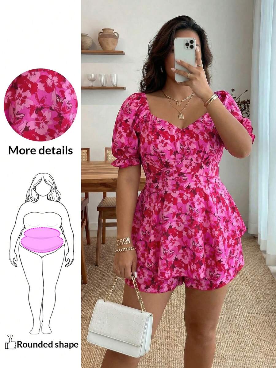 Enliva Jennifer_samantha_style Plus Allover Floral Print Puff Sleeve Romper, Summer, For Apple Rounded Body Shape - Hot Pink - View 1