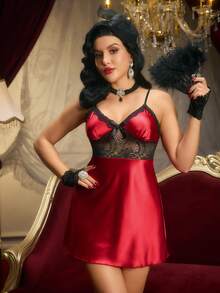 Váy ngủ ngủ bằng vải satin ren tương phản Luxeloungewear - Màu Đỏ Sâu - Xem 2