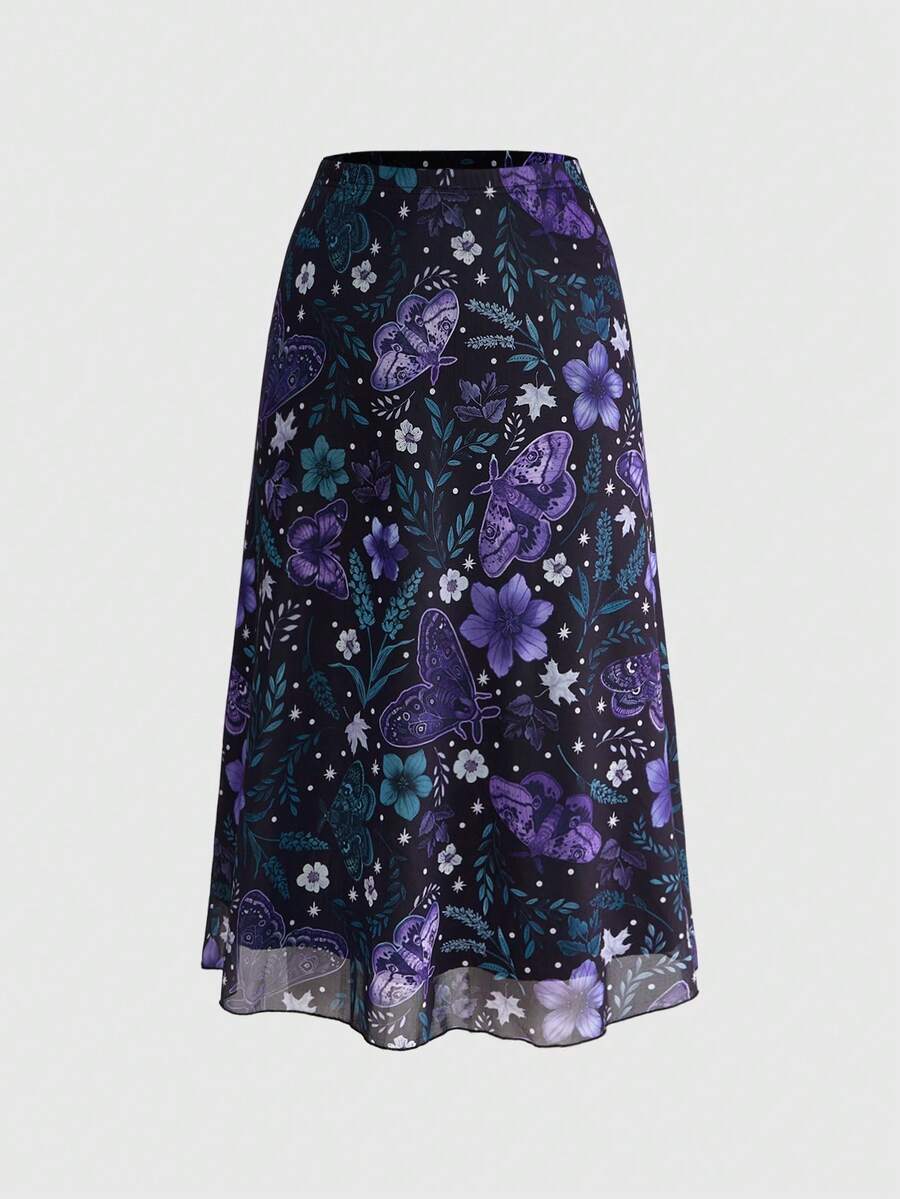 ROMWE Fairycore Plus Size Women's Floral & Plant Print A-Line Mesh Skirt, Nature Inspired - Black - View 1