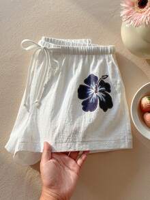 Comfortcana Quần short cotton dáng rộng, thoải mái, họa tiết hoa dâm bụt, có dây rút, thích hợp để phối cùng bikini đi biển mùa hè. - trắng - Xem 8